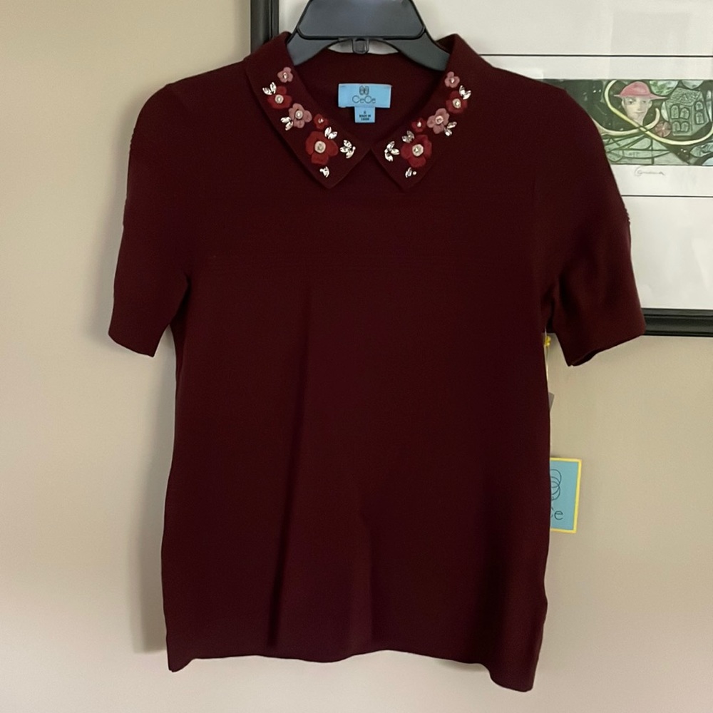 NWT Cece beautifully embroidered collar top
